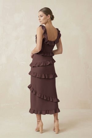 Square Neck Ruffled Sheath Satin Midi Bridesmaid Dress in Espresso - KISS BRIDAL Bridesmaid Dresses
