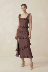 Square Neck Ruffled Sheath Satin Midi Bridesmaid Dress in Espresso - KISS BRIDAL Bridesmaid Dresses