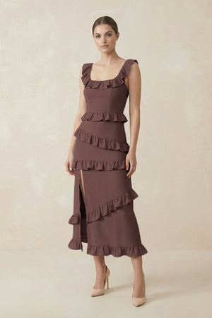 Square Neck Ruffled Sheath Satin Midi Bridesmaid Dress in Espresso - KISS BRIDAL Bridesmaid Dresses