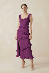 Square Neck Ruffled Sheath Satin Midi Bridesmaid Dress in Fig - KISS BRIDAL Bridesmaid Dresses