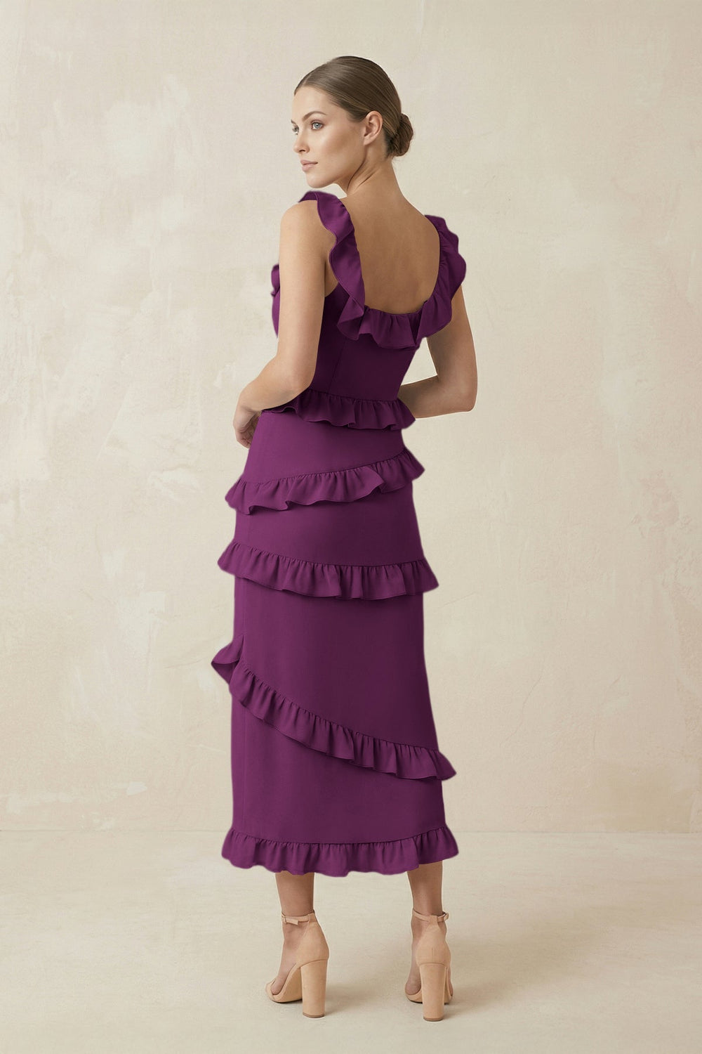 Square Neck Ruffled Sheath Satin Midi Bridesmaid Dress in Fig - KISS BRIDAL Bridesmaid Dresses