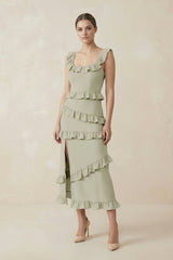 Square Neck Ruffled Sheath Satin Midi Bridesmaid Dress in Frost - KISS BRIDAL Bridesmaid Dresses