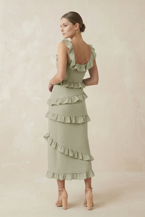 Square Neck Ruffled Sheath Satin Midi Bridesmaid Dress in Frost - KISS BRIDAL Bridesmaid Dresses