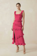 Square Neck Ruffled Sheath Satin Midi Bridesmaid Dress in Fuchsia - KISS BRIDAL Bridesmaid Dresses
