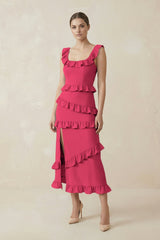 Square Neck Ruffled Sheath Satin Midi Bridesmaid Dress in Fuchsia - KISS BRIDAL Bridesmaid Dresses