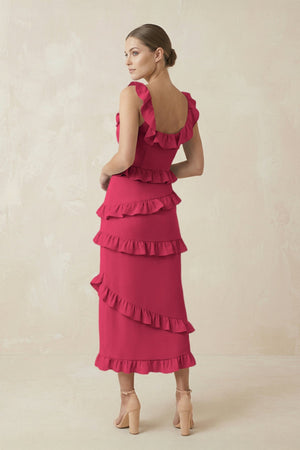 Square Neck Ruffled Sheath Satin Midi Bridesmaid Dress in Fuchsia - KISS BRIDAL Bridesmaid Dresses