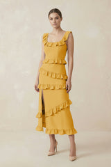 Square Neck Ruffled Sheath Satin Midi Bridesmaid Dress in Gold - KISS BRIDAL Bridesmaid Dresses