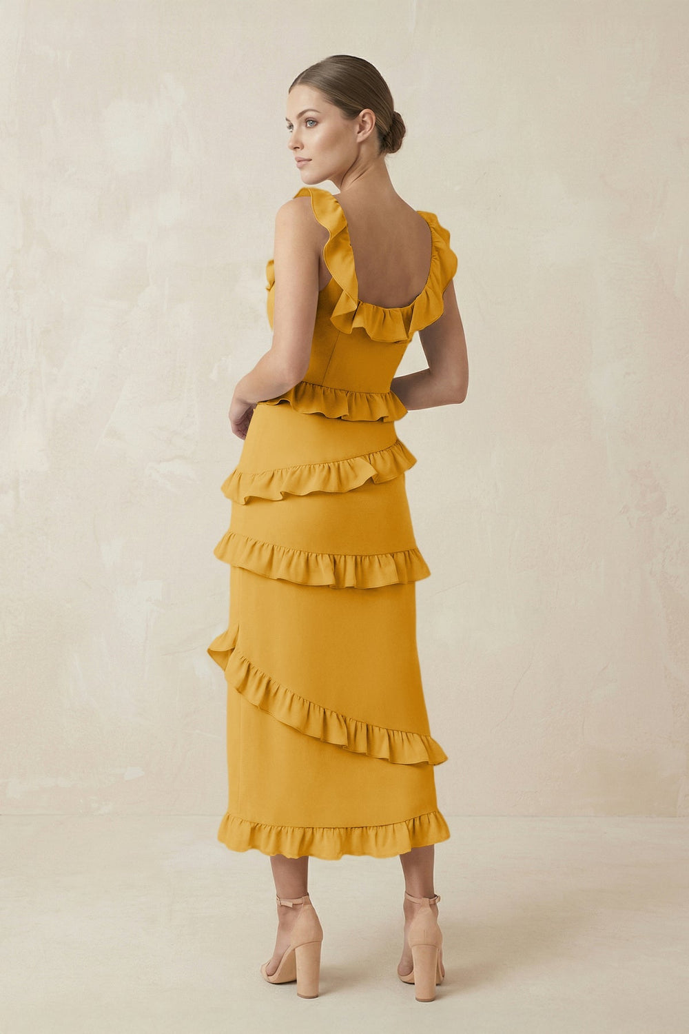 Square Neck Ruffled Sheath Satin Midi Bridesmaid Dress in Gold - KISS BRIDAL Bridesmaid Dresses