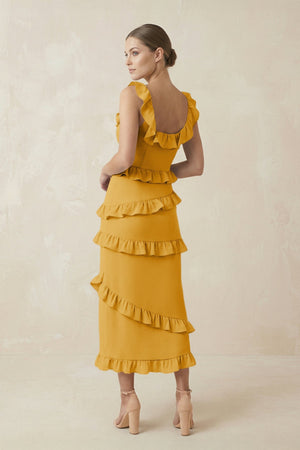 Square Neck Ruffled Sheath Satin Midi Bridesmaid Dress in Gold - KISS BRIDAL Bridesmaid Dresses
