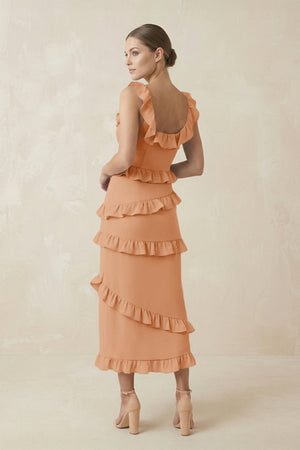 Square Neck Ruffled Sheath Satin Midi Bridesmaid Dress in Golden Champagne - KISS BRIDAL Bridesmaid Dresses