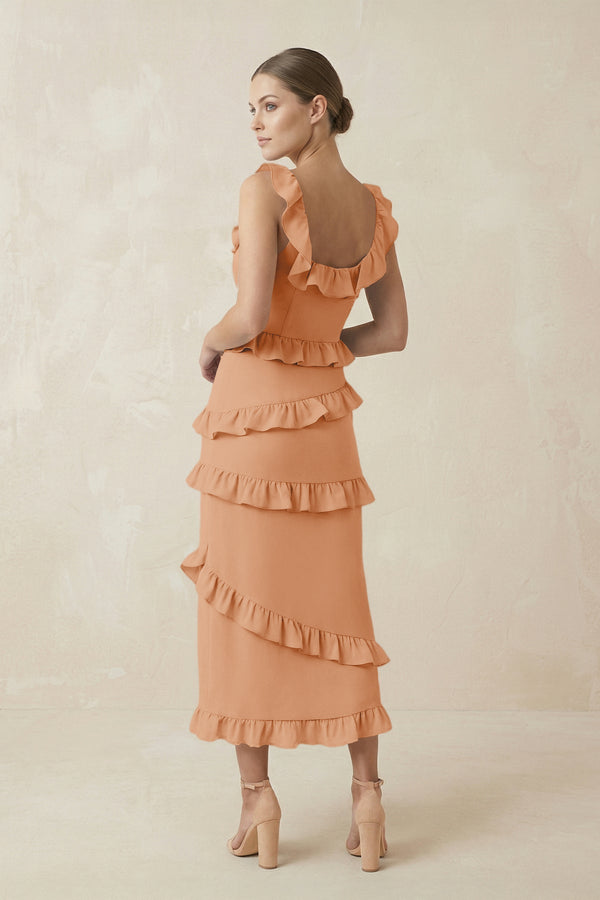 Square Neck Ruffled Sheath Satin Midi Bridesmaid Dress in Golden Champagne - KISS BRIDAL Bridesmaid Dresses