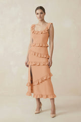 Square Neck Ruffled Sheath Satin Midi Bridesmaid Dress in Golden Champagne - KISS BRIDAL Bridesmaid Dresses