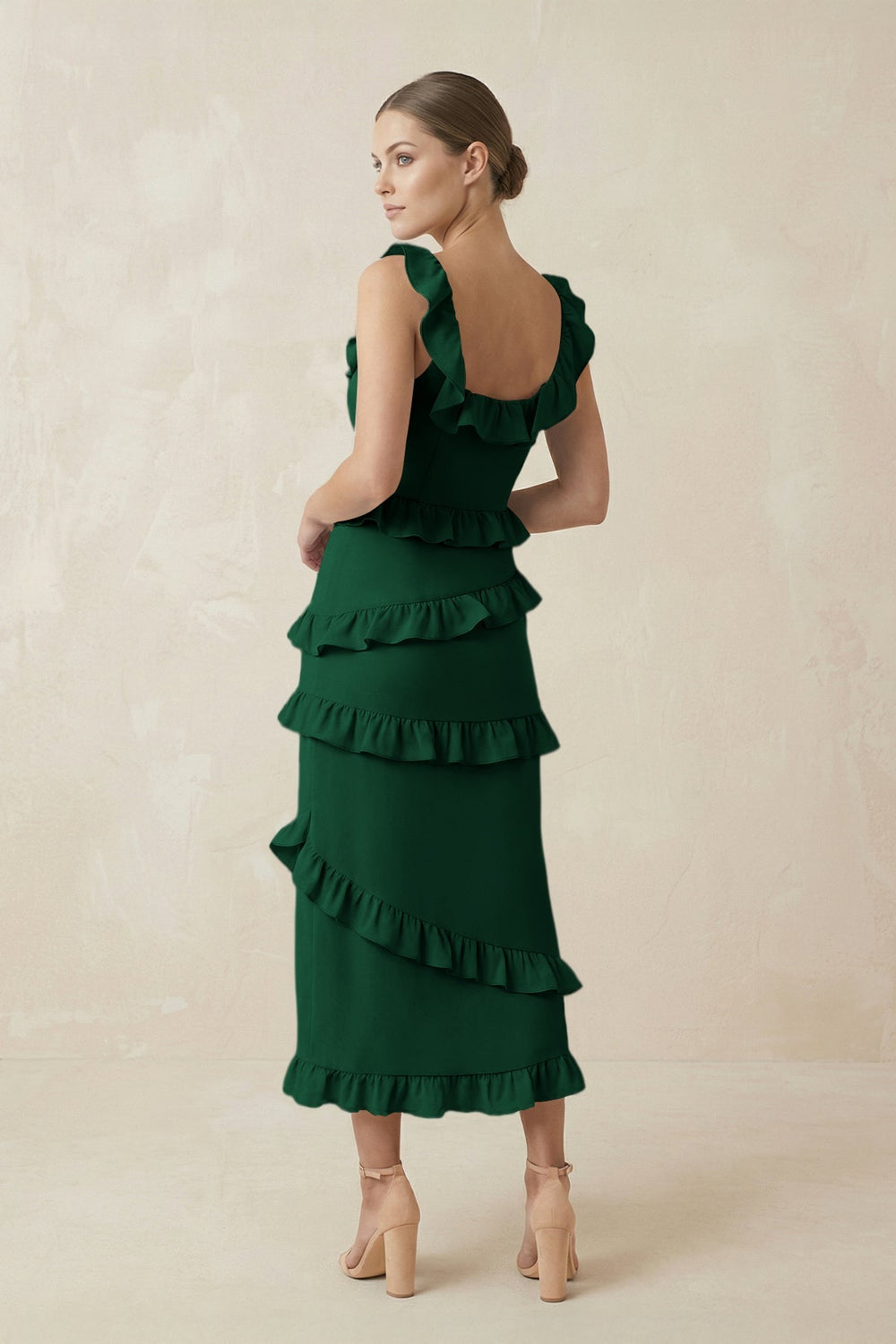 Square Neck Ruffled Sheath Satin Midi Bridesmaid Dress in Green - KISS BRIDAL Bridesmaid Dresses