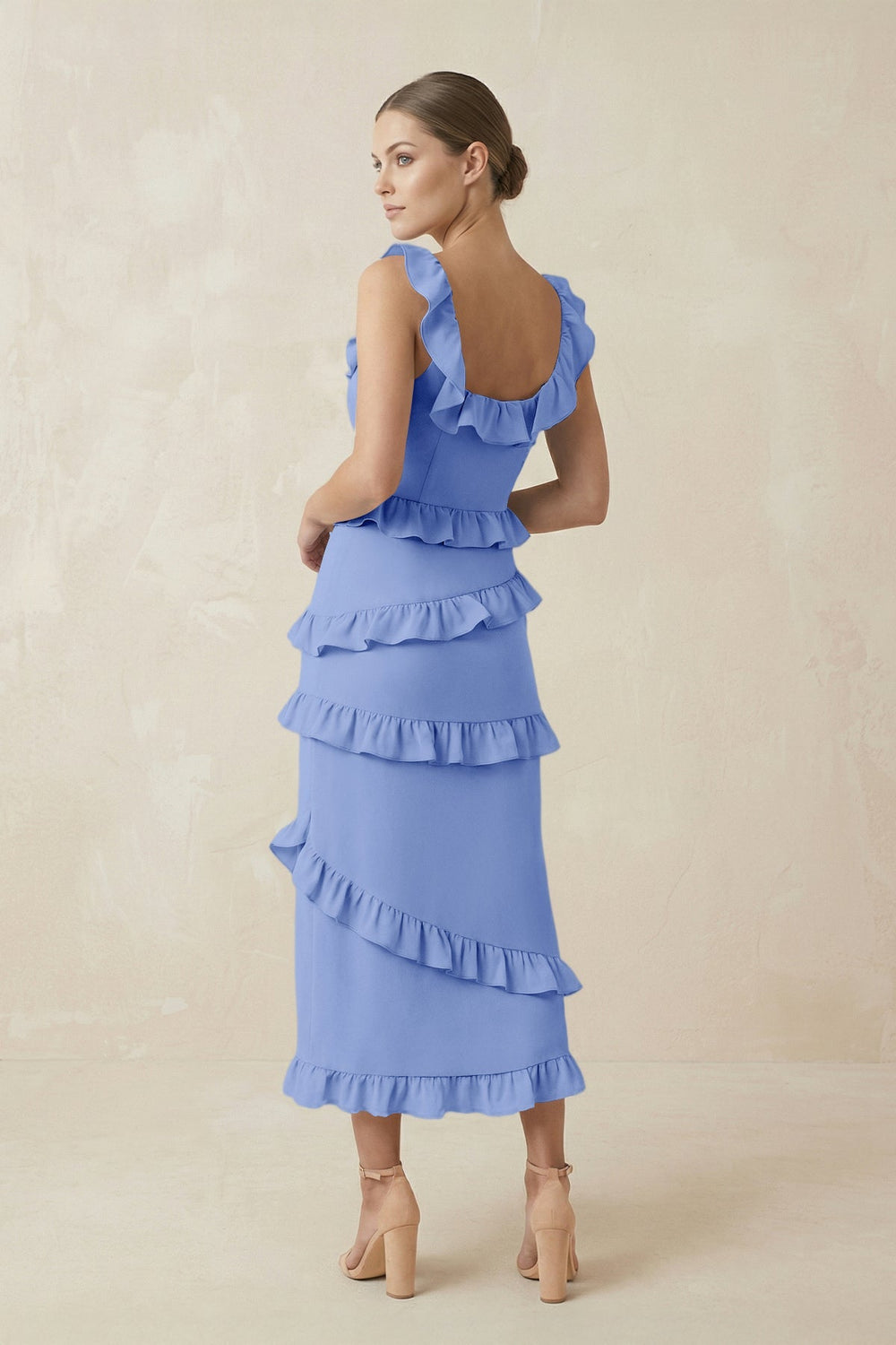 Square Neck Ruffled Sheath Satin Midi Bridesmaid Dress in Ice - KISS BRIDAL Bridesmaid Dresses