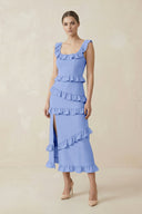 Square Neck Ruffled Sheath Satin Midi Bridesmaid Dress in Ice - KISS BRIDAL Bridesmaid Dresses