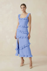 Square Neck Ruffled Sheath Satin Midi Bridesmaid Dress in Ice - KISS BRIDAL Bridesmaid Dresses