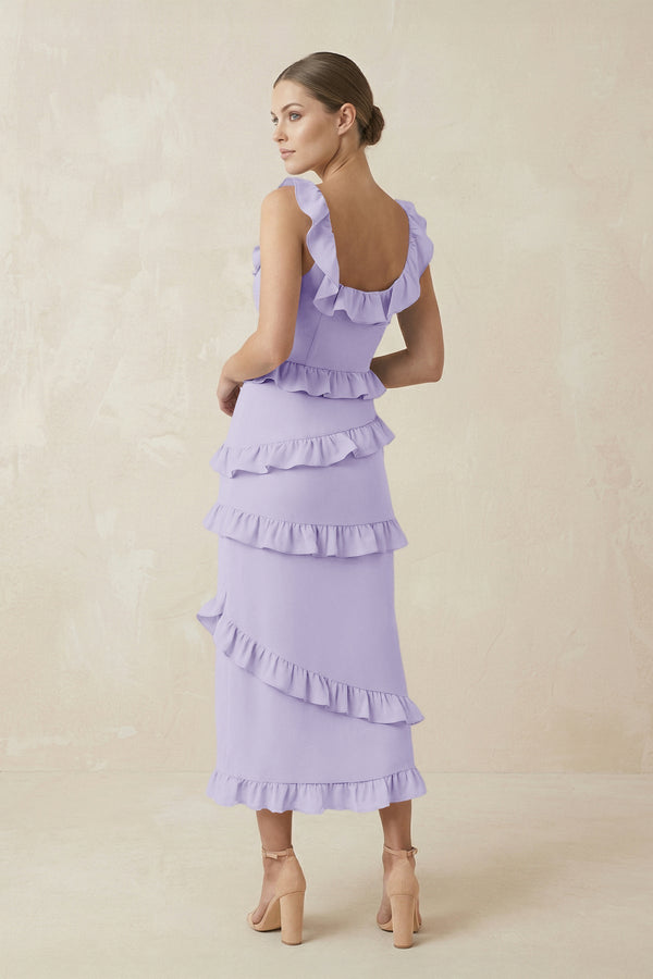 Square Neck Ruffled Sheath Satin Midi Bridesmaid Dress in Lavender - KISS BRIDAL Bridesmaid Dresses