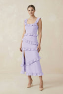 Square Neck Ruffled Sheath Satin Midi Bridesmaid Dress in Lavender - KISS BRIDAL Bridesmaid Dresses