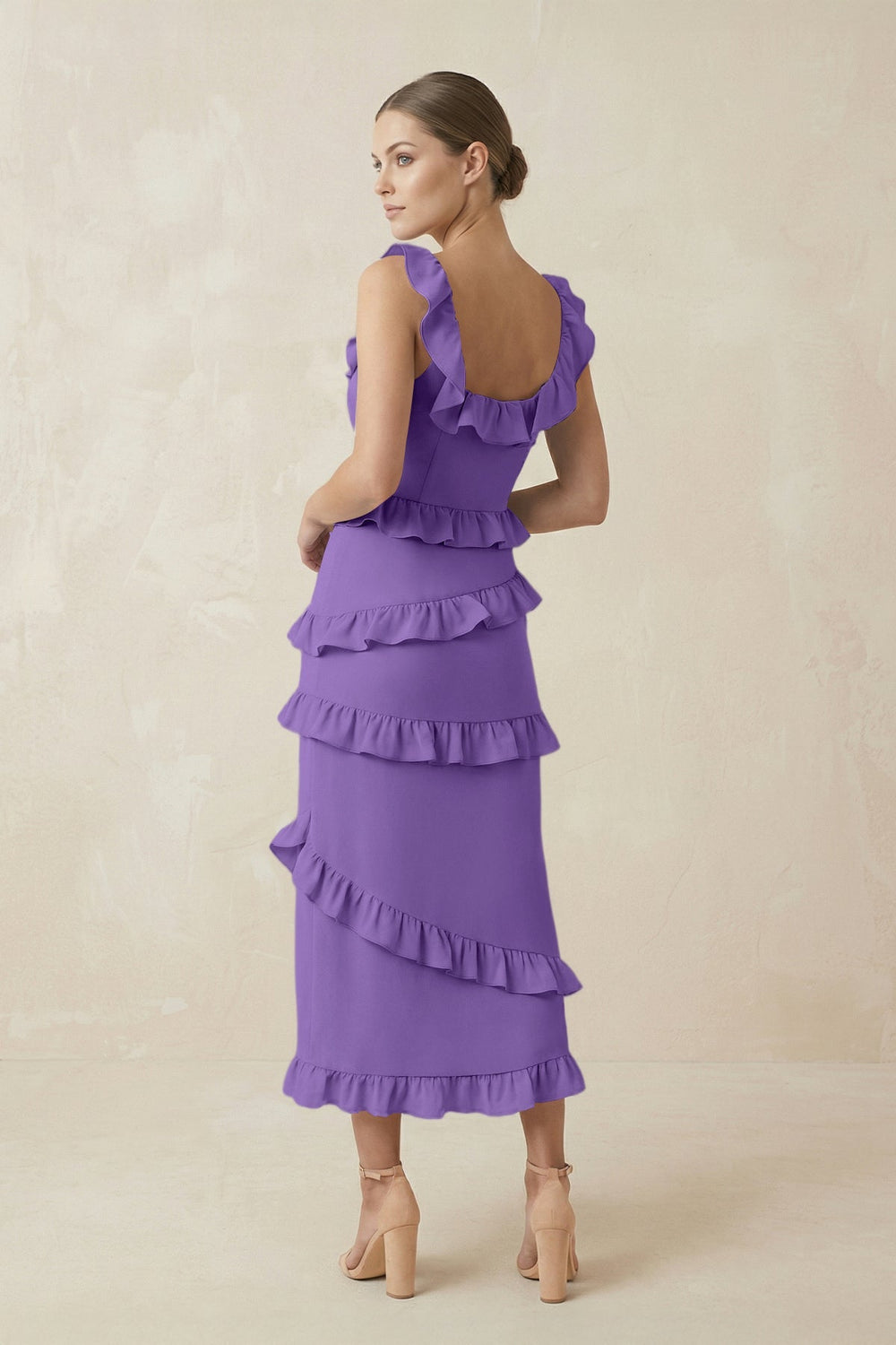 Square Neck Ruffled Sheath Satin Midi Bridesmaid Dress in Lilac - SHE IS ME Bridesmaid Dresses