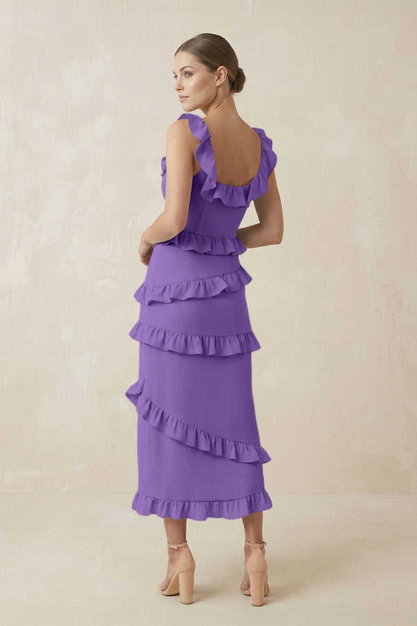 Square Neck Ruffled Sheath Satin Midi Bridesmaid Dress in Lilac - KISS BRIDAL Bridesmaid Dresses