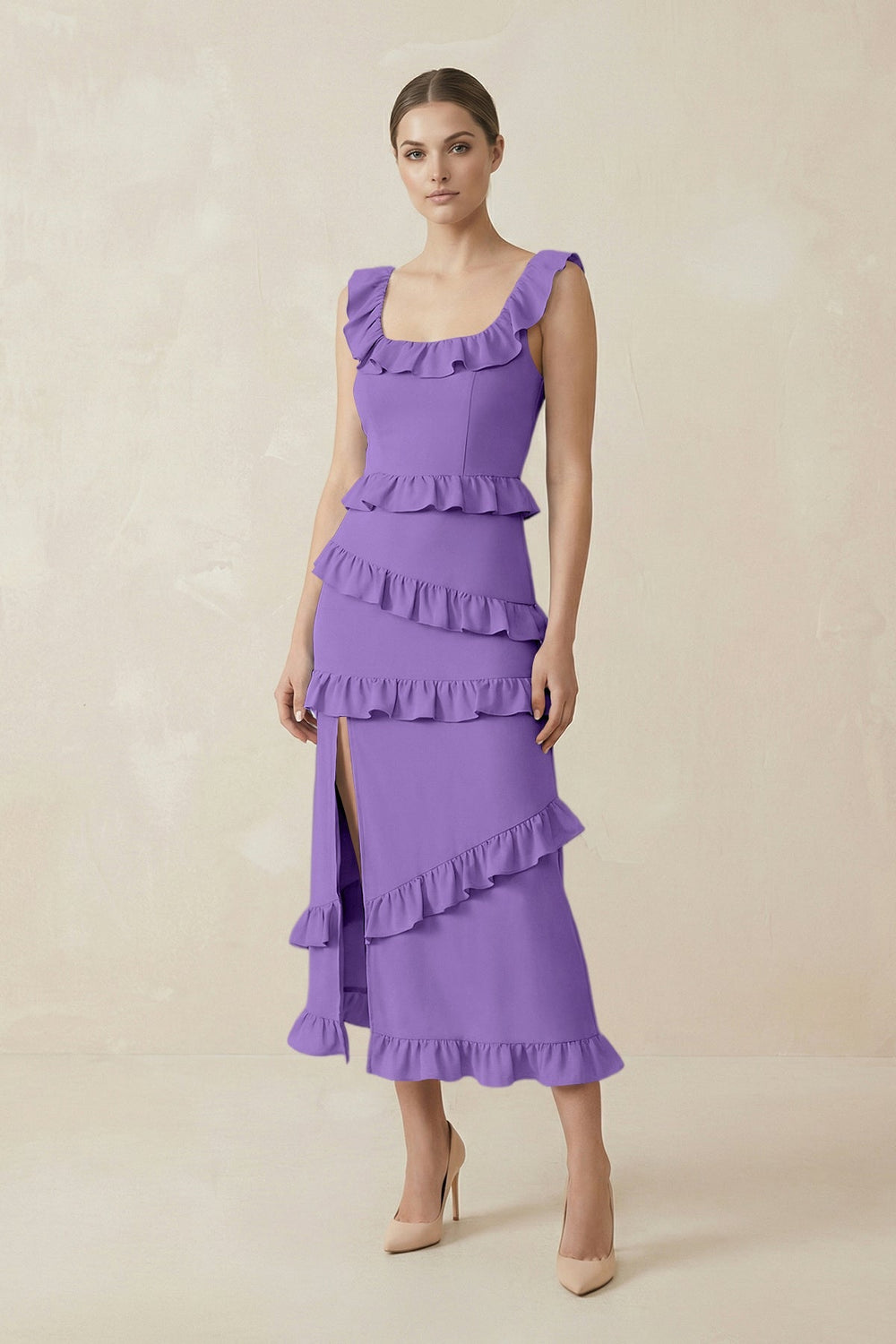Square Neck Ruffled Sheath Satin Midi Bridesmaid Dress in Lilac - SHE IS ME Bridesmaid Dresses