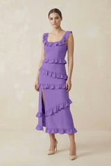 Square Neck Ruffled Sheath Satin Midi Bridesmaid Dress in Lilac - KISS BRIDAL Bridesmaid Dresses