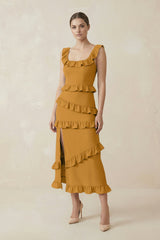 Square Neck Ruffled Sheath Satin Midi Bridesmaid Dress in Marigold - KISS BRIDAL Bridesmaid Dresses
