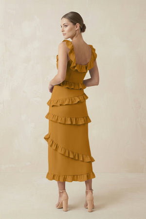 Square Neck Ruffled Sheath Satin Midi Bridesmaid Dress in Marigold - KISS BRIDAL Bridesmaid Dresses