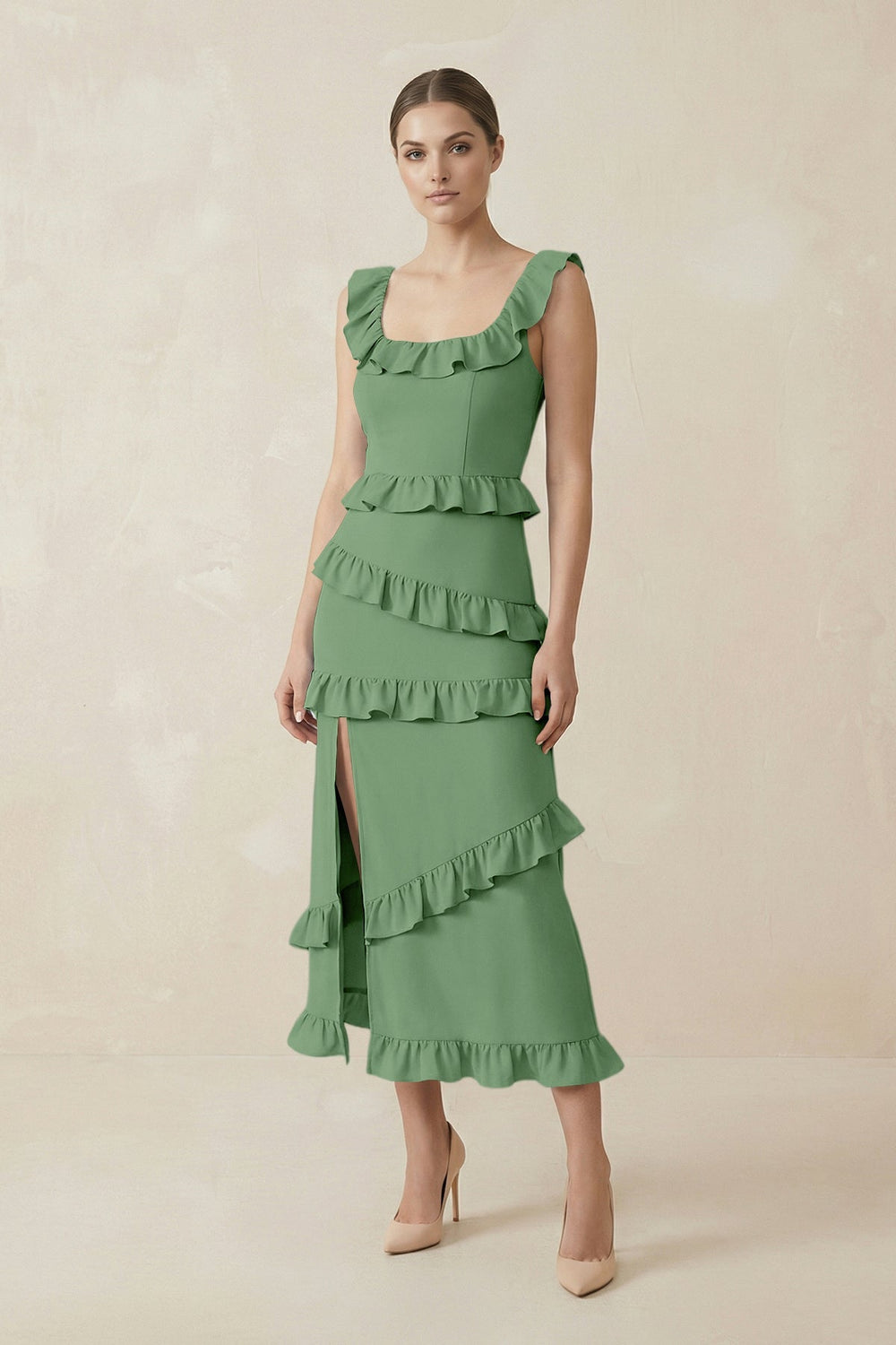 Square Neck Ruffled Sheath Satin Midi Bridesmaid Dress in Matcha - SHE IS ME Bridesmaid Dresses
