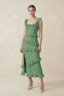 Square Neck Ruffled Sheath Satin Midi Bridesmaid Dress in Matcha - KISS BRIDAL Bridesmaid Dresses
