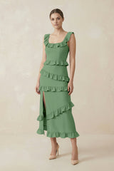 Square Neck Ruffled Sheath Satin Midi Bridesmaid Dress in Matcha - KISS BRIDAL Bridesmaid Dresses
