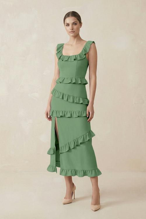 Square Neck Ruffled Sheath Satin Midi Bridesmaid Dress in Matcha - KISS BRIDAL Bridesmaid Dresses