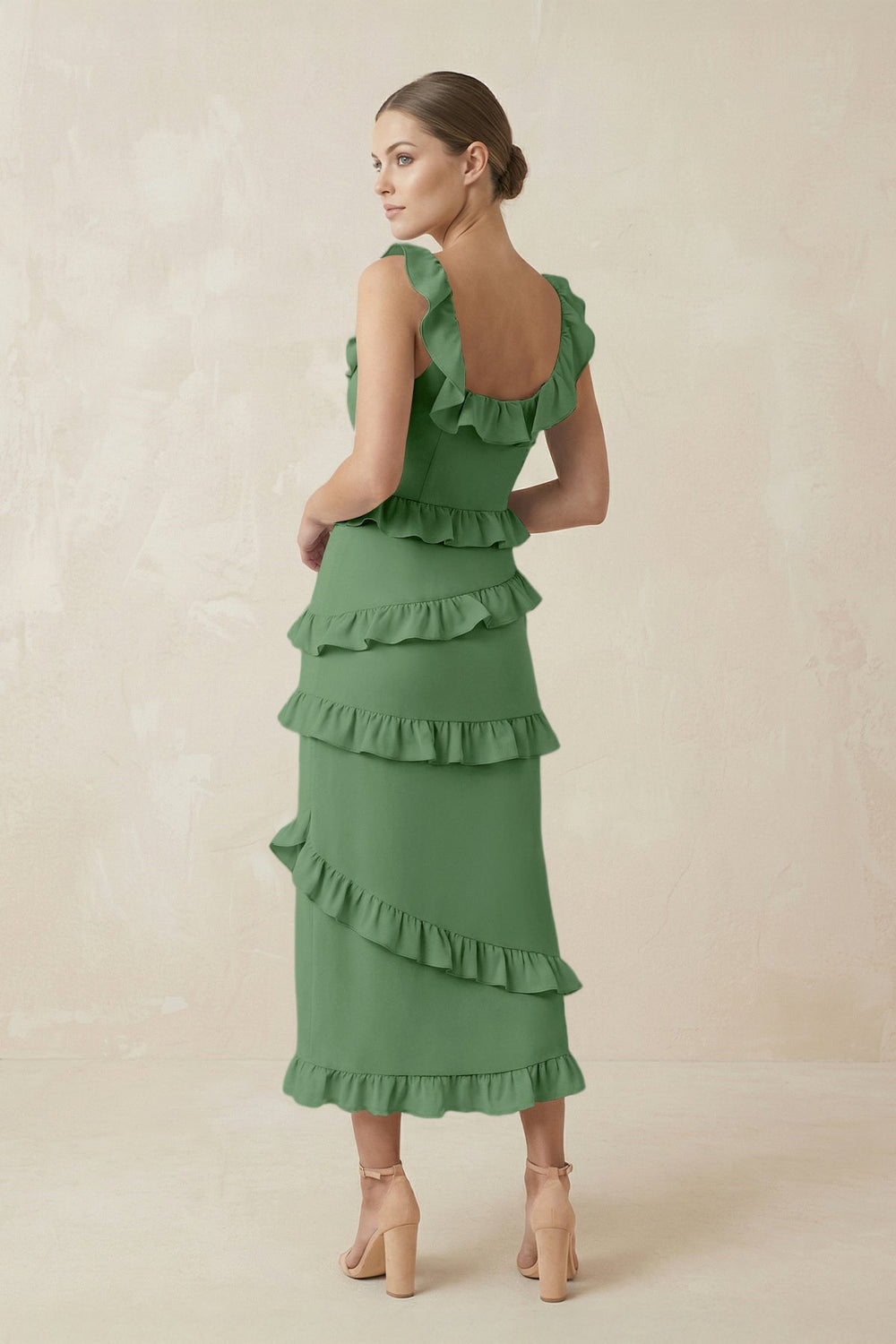 Square Neck Ruffled Sheath Satin Midi Bridesmaid Dress in Matcha - SHE IS ME Bridesmaid Dresses