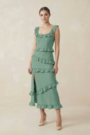 Square Neck Ruffled Sheath Satin Midi Bridesmaid Dress in Mint Green - KISS BRIDAL Bridesmaid Dresses