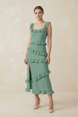 Square Neck Ruffled Sheath Satin Midi Bridesmaid Dress in Mint Green - KISS BRIDAL Bridesmaid Dresses
