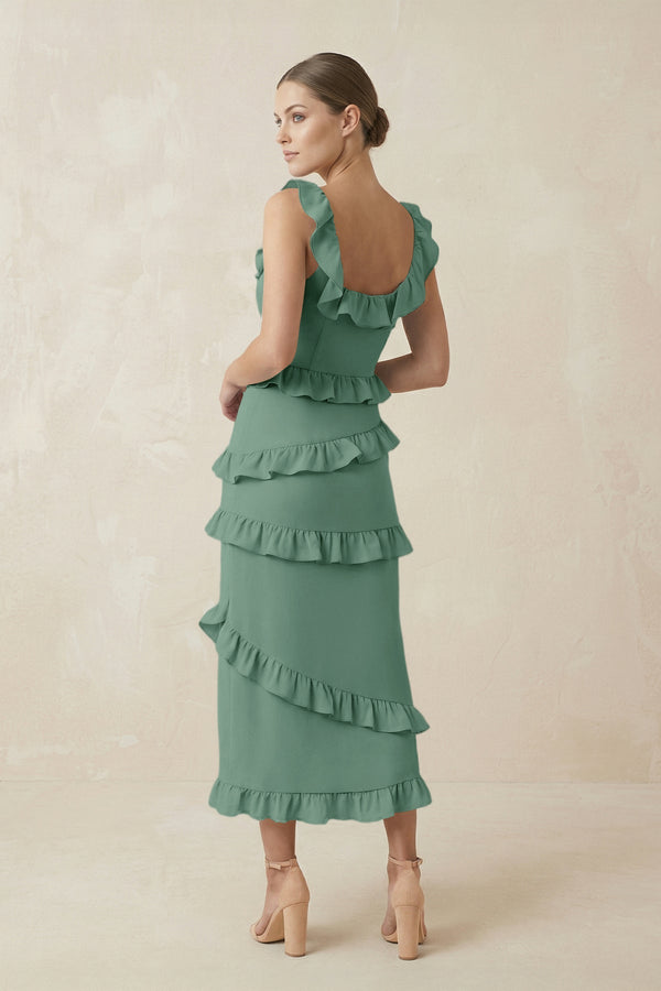 Square Neck Ruffled Sheath Satin Midi Bridesmaid Dress in Mint Green - KISS BRIDAL Bridesmaid Dresses