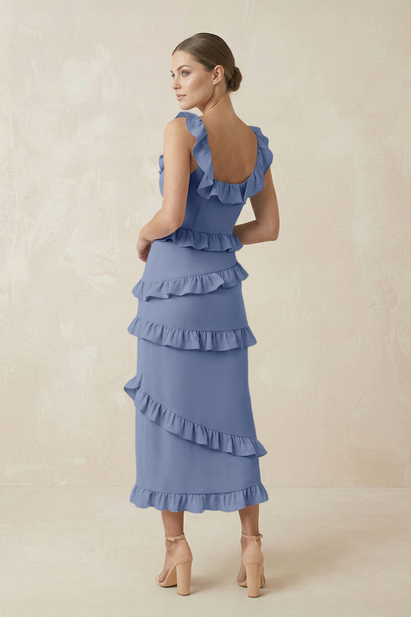 Square Neck Ruffled Sheath Satin Midi Bridesmaid Dress in Mist - KISS BRIDAL Bridesmaid Dresses