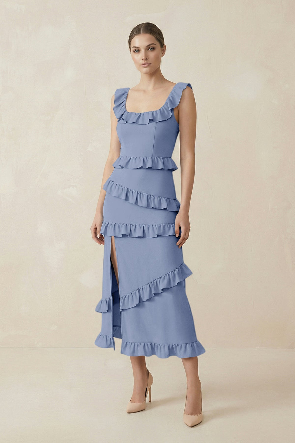 Square Neck Ruffled Sheath Satin Midi Bridesmaid Dress in Mist - KISS BRIDAL Bridesmaid Dresses