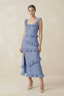 Square Neck Ruffled Sheath Satin Midi Bridesmaid Dress in Mist - KISS BRIDAL Bridesmaid Dresses