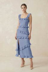 Square Neck Ruffled Sheath Satin Midi Bridesmaid Dress in Mist - KISS BRIDAL Bridesmaid Dresses
