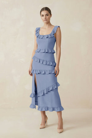 Square Neck Ruffled Sheath Satin Midi Bridesmaid Dress in Mist - KISS BRIDAL Bridesmaid Dresses