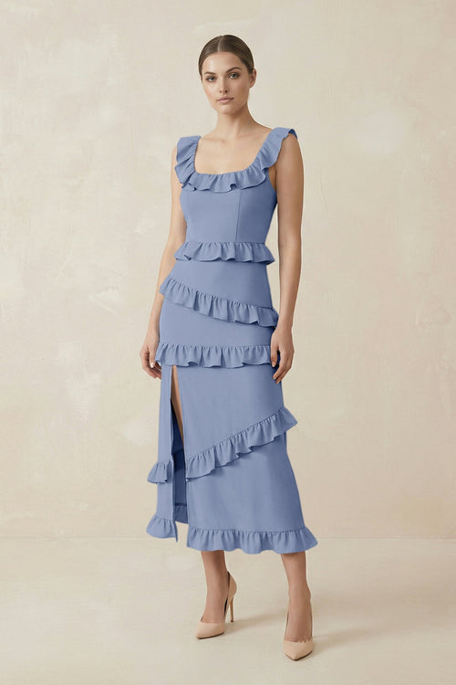 Square Neck Ruffled Sheath Satin Midi Bridesmaid Dress in Mist - KISS BRIDAL Bridesmaid Dresses