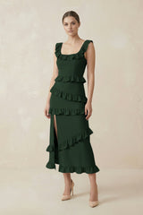 Square Neck Ruffled Sheath Satin Midi Bridesmaid Dress in Moss - KISS BRIDAL Bridesmaid Dresses
