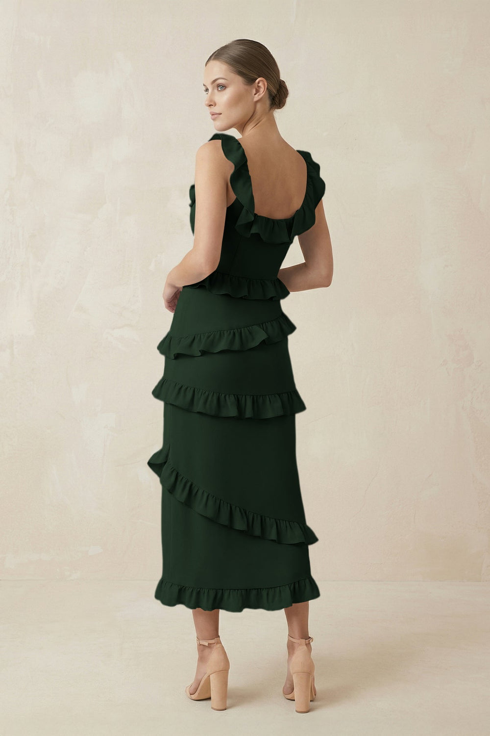 Square Neck Ruffled Sheath Satin Midi Bridesmaid Dress in Moss - KISS BRIDAL Bridesmaid Dresses