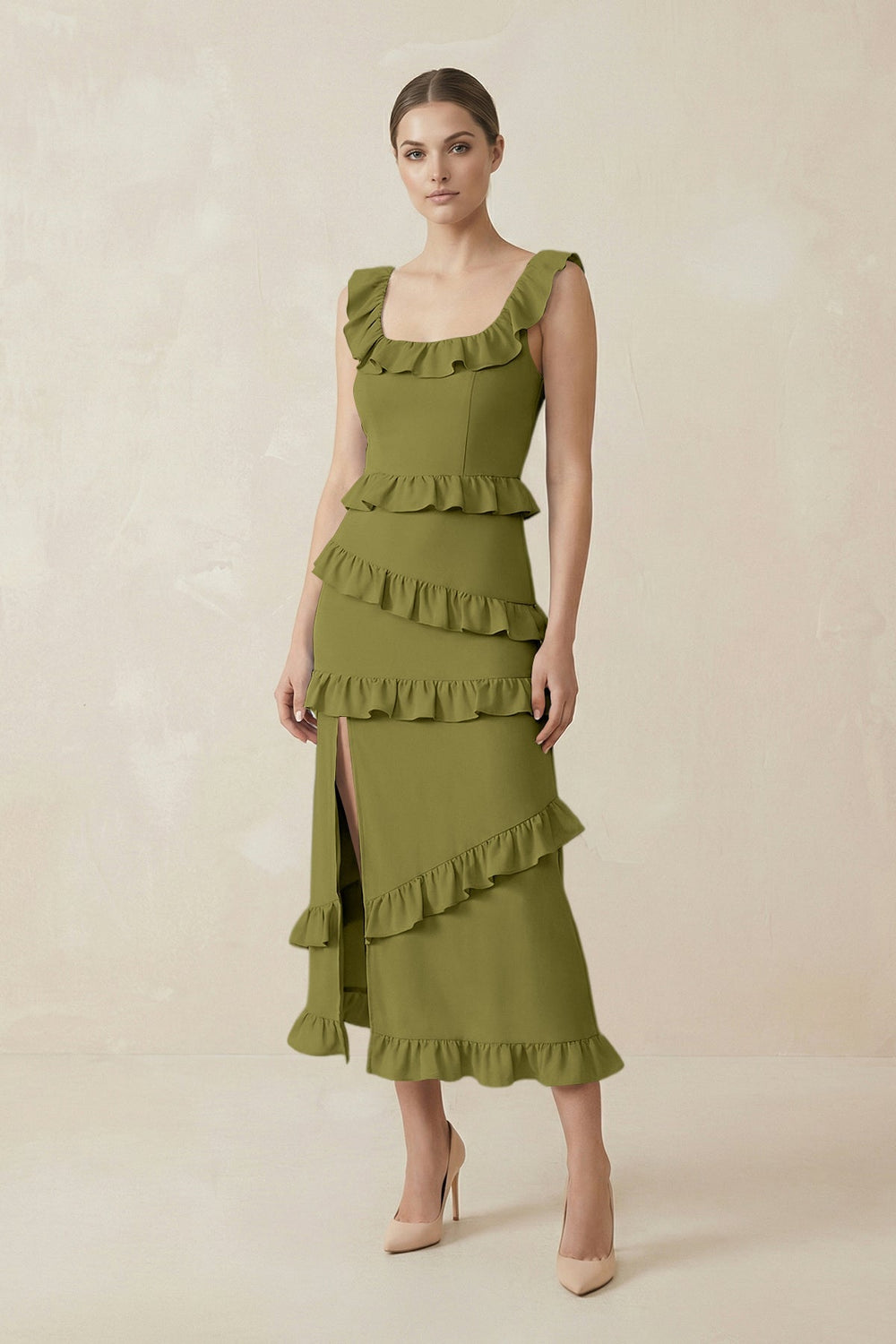 Square Neck Ruffled Sheath Satin Midi Bridesmaid Dress in Moss Green - KISS BRIDAL Bridesmaid Dresses