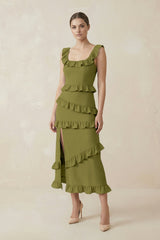 Square Neck Ruffled Sheath Satin Midi Bridesmaid Dress in Moss Green - KISS BRIDAL Bridesmaid Dresses
