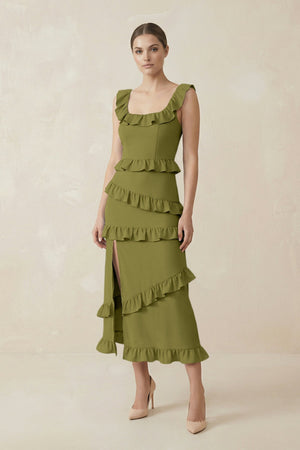 Square Neck Ruffled Sheath Satin Midi Bridesmaid Dress in Moss Green - KISS BRIDAL Bridesmaid Dresses
