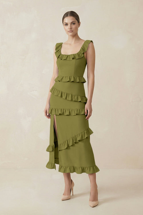 Square Neck Ruffled Sheath Satin Midi Bridesmaid Dress in Moss Green - KISS BRIDAL Bridesmaid Dresses