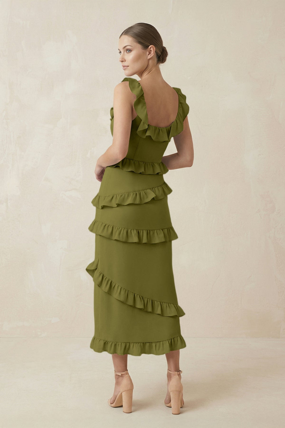 Square Neck Ruffled Sheath Satin Midi Bridesmaid Dress in Moss Green - KISS BRIDAL Bridesmaid Dresses