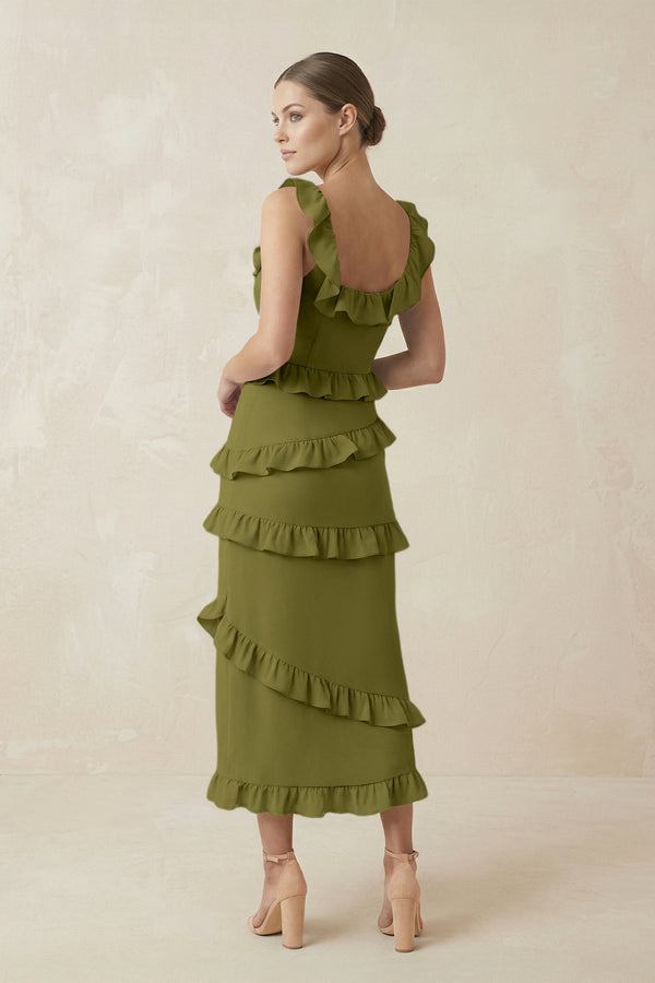 Square Neck Ruffled Sheath Satin Midi Bridesmaid Dress in Moss Green - KISS BRIDAL Bridesmaid Dresses